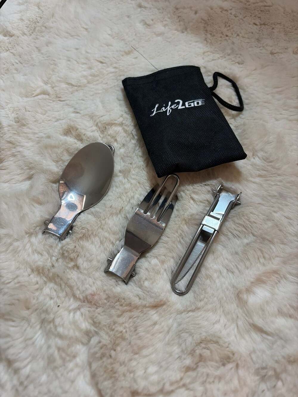 Life2Go 3-Piece Folding Stainless Steel Camping Cutlery Set with Pouch